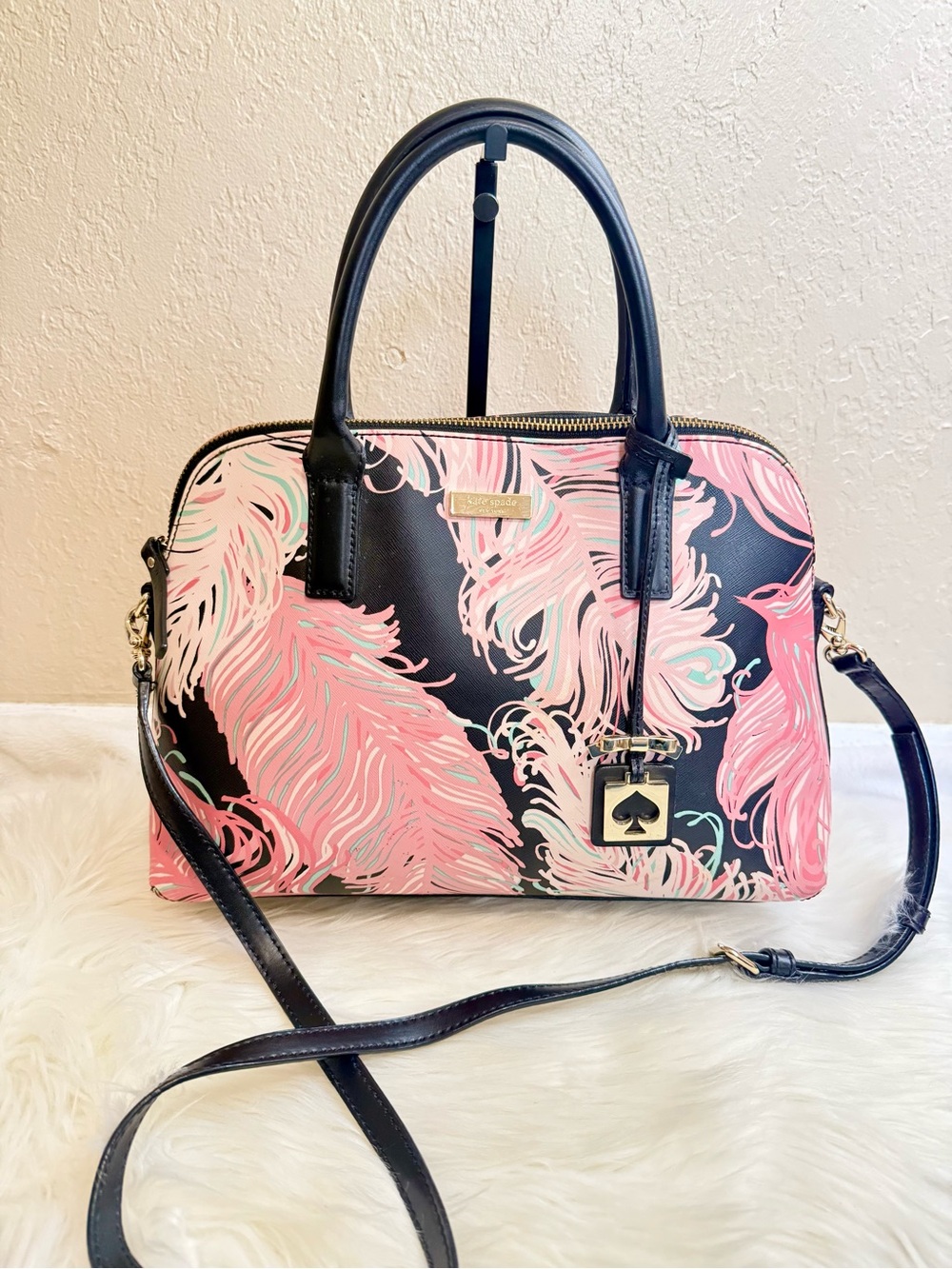 Kate Spade Brightwater Drive Rachelle Flamingo Feather Print Satchel Bag - Picture 3 of 15